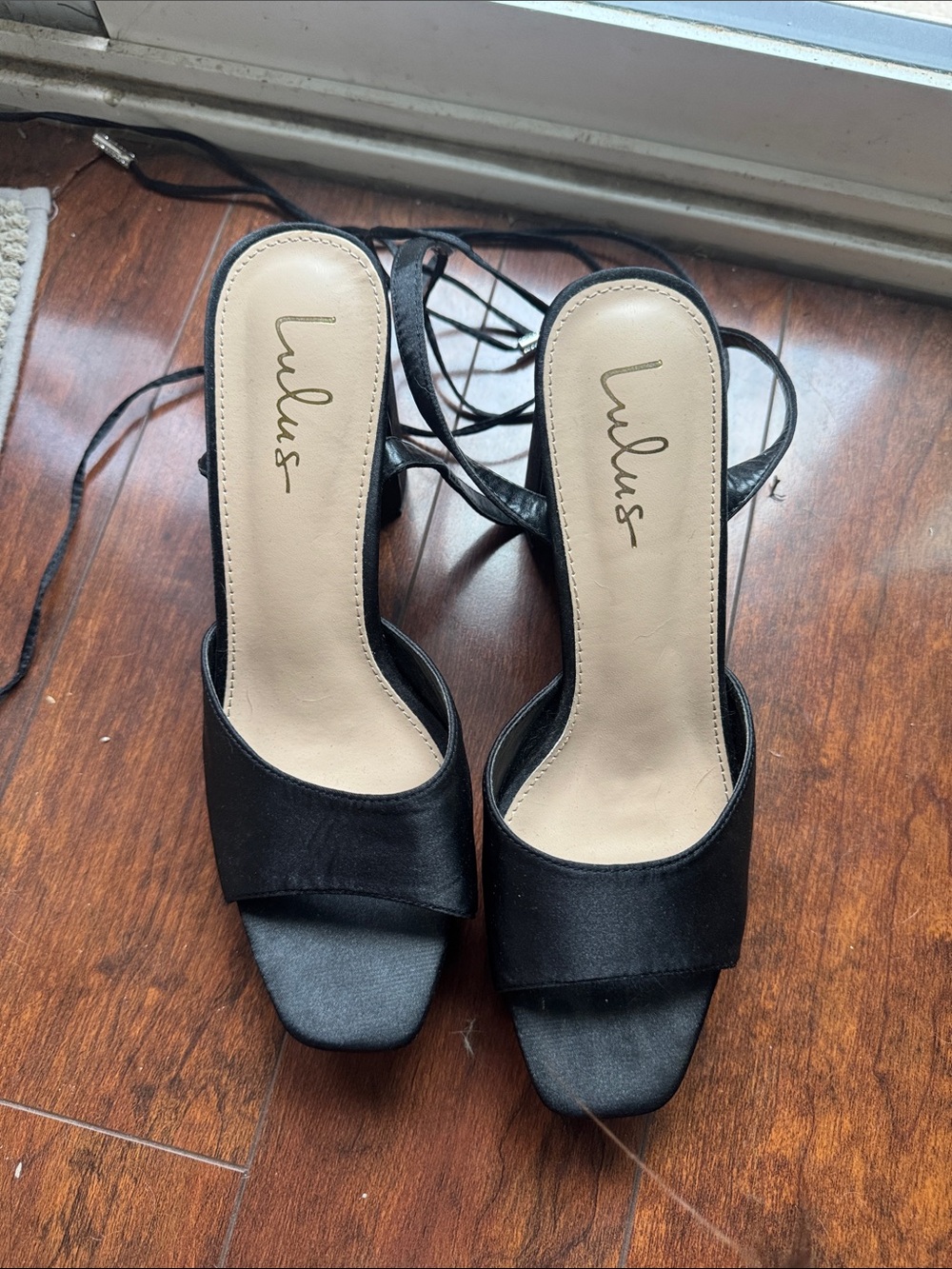 Lulu's Black Satin Square-Toe Lace-Up Heels